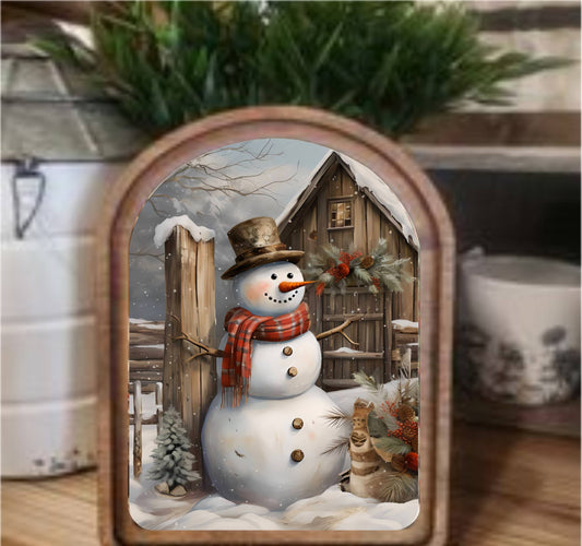 Rustic Snowman Framed Art Arch Top, Feathered Farmhouse