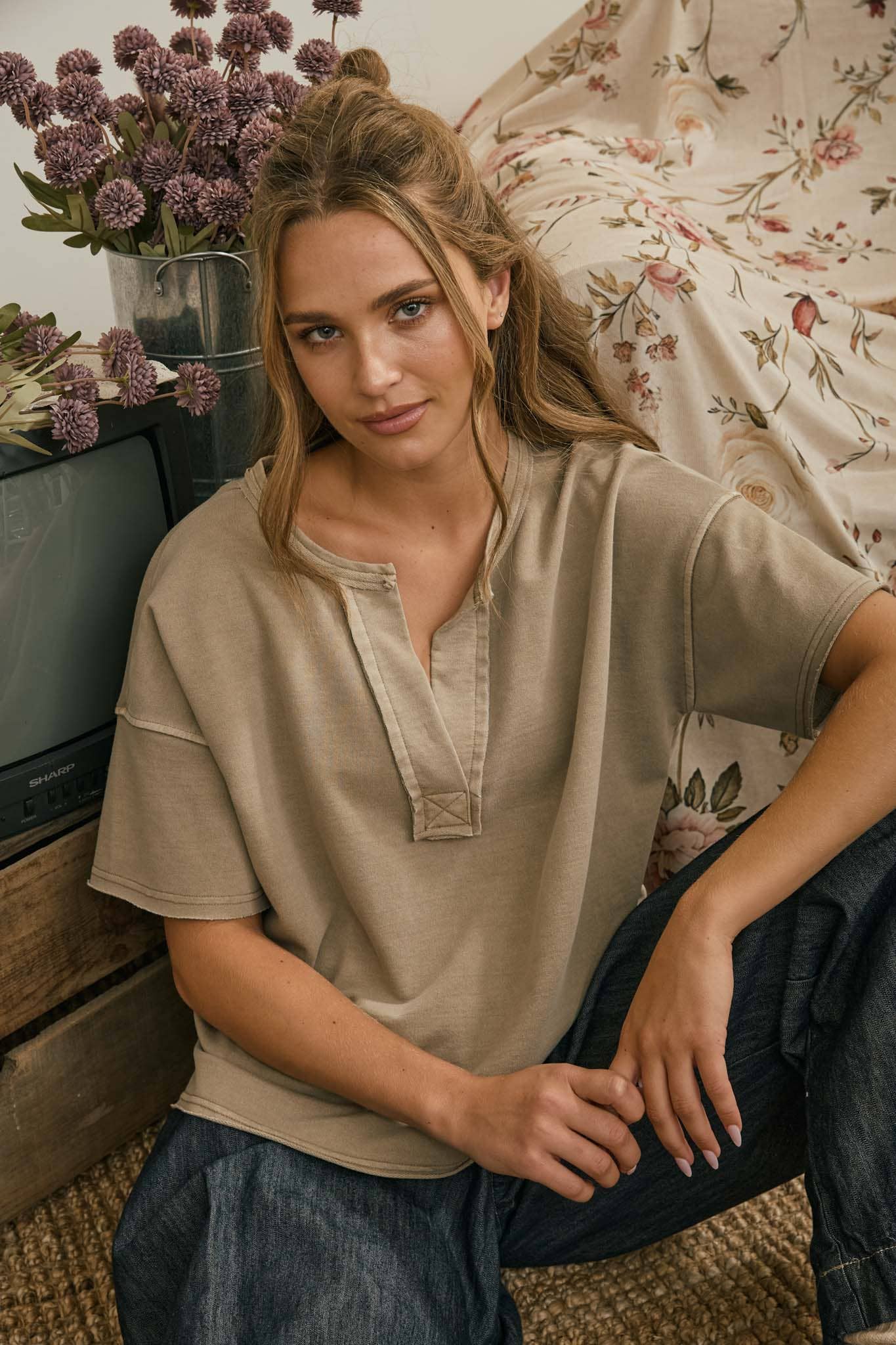 Washed Split Neck Raw Edge Short Sleeve Knit Top, Feathered Farmhouse