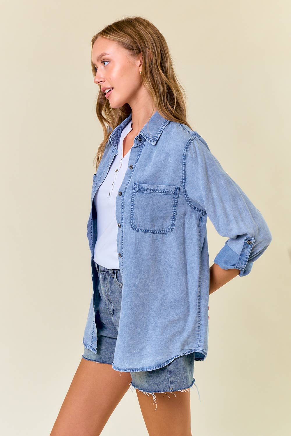 Light Wash Chambray Shirt, Feathered Farmhouse