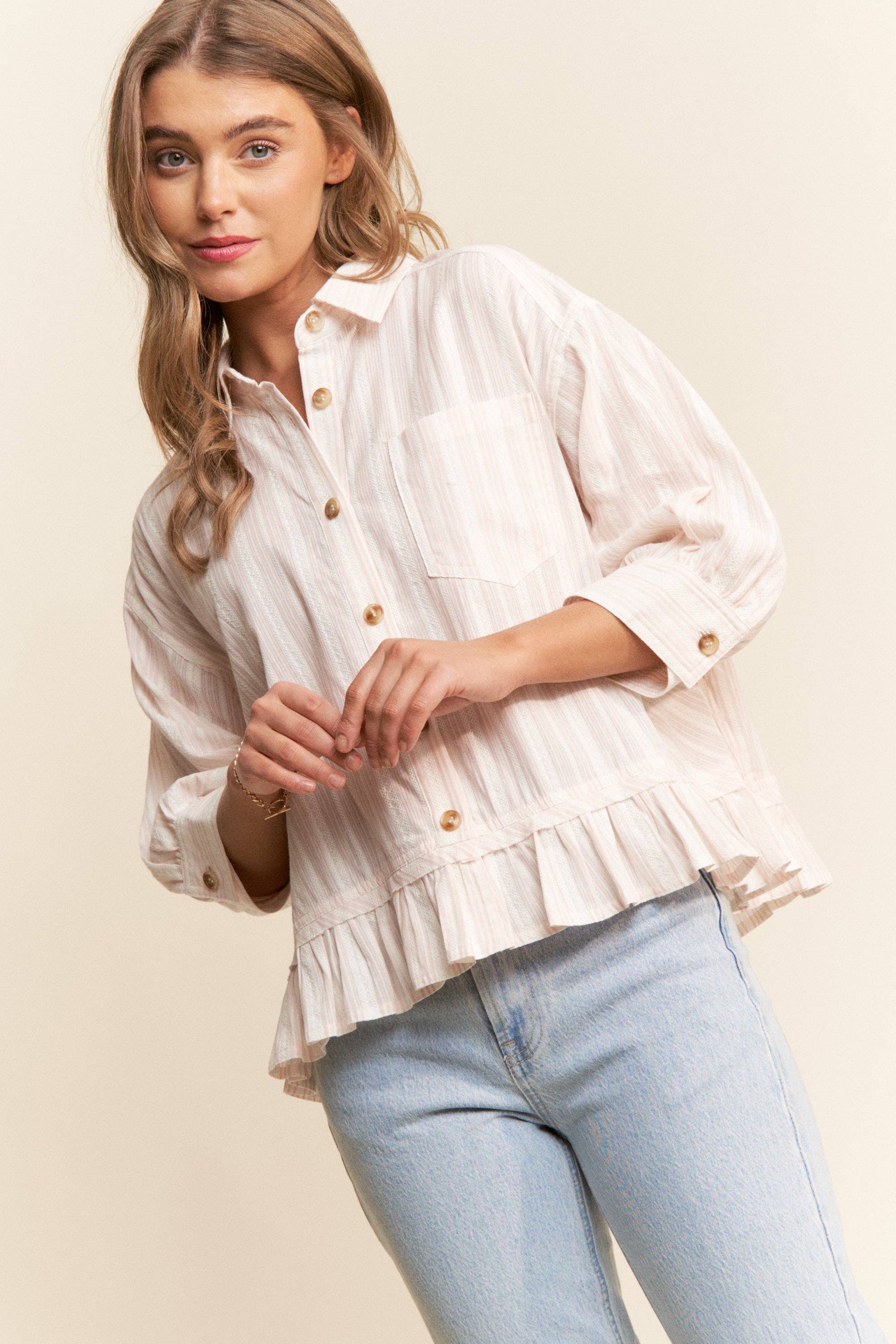 Stripe Jacquard Button Up Pleated Top, Feathered Farmhouse
