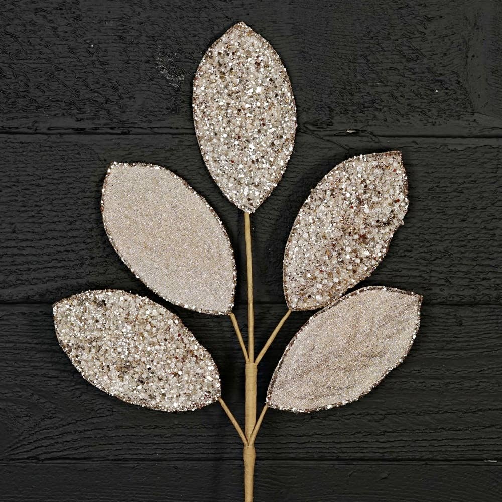 Champagne Beaded Metallic Velvet Magnolia Leaves, Feathered Farmhouse
