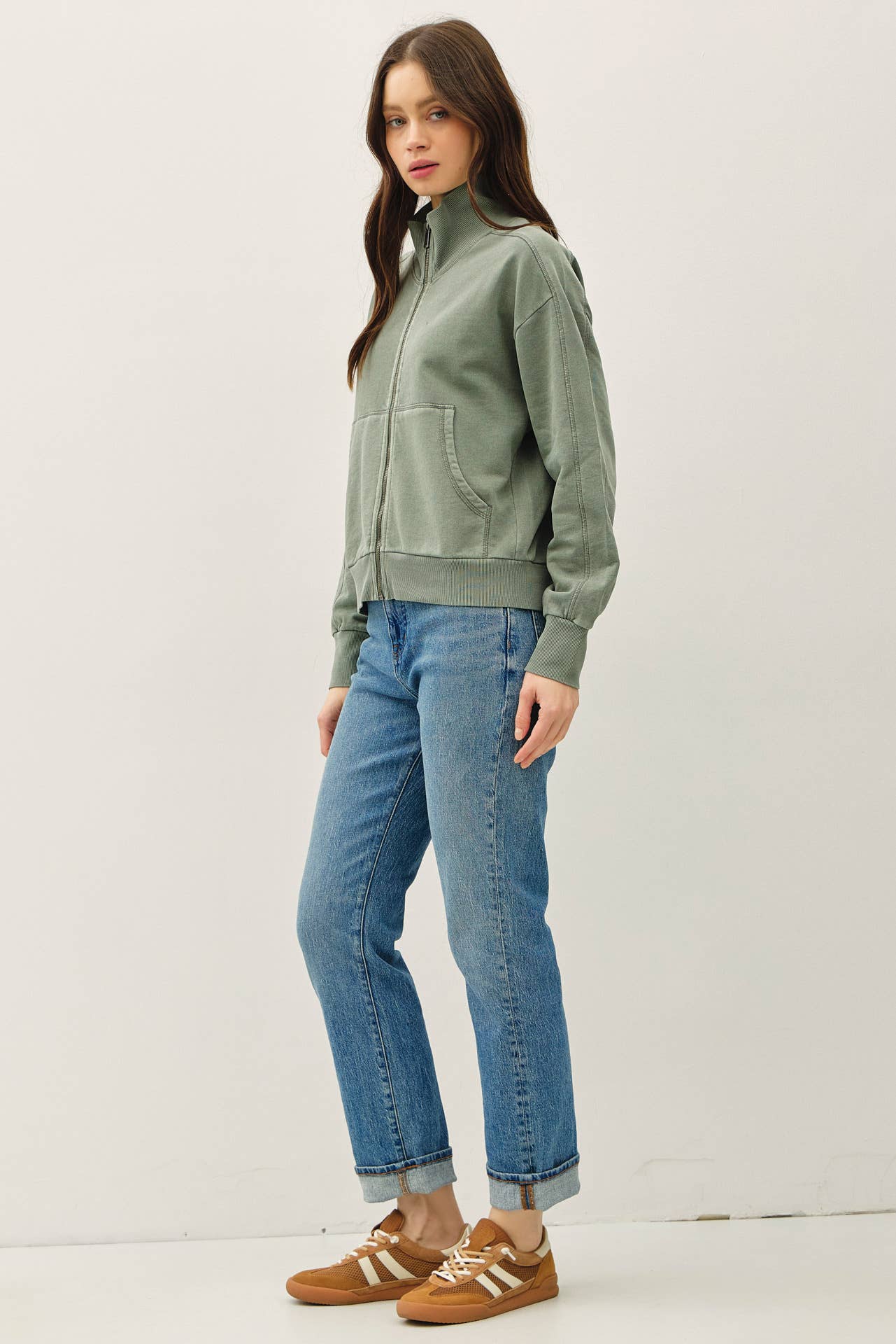 Sage Acid Wash Zip Up, Feathered Farmhouse