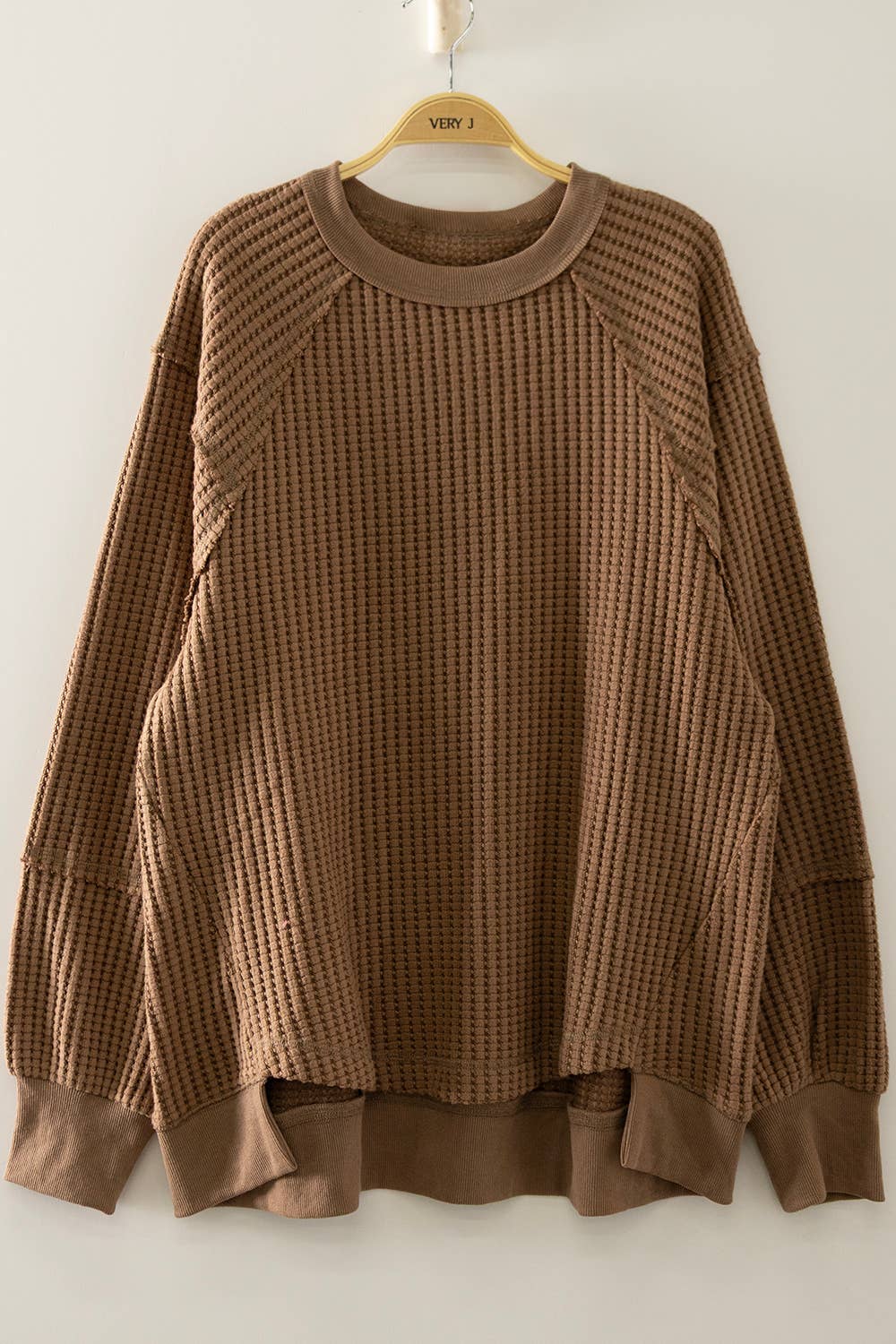 Mocha Hannah Waffle Knit Pullover, Feathered Farmhouse