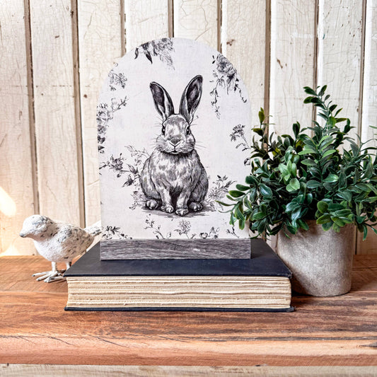 Vintage Neutral Rabbit Arched Wood Sign, Feathered Farmhouse