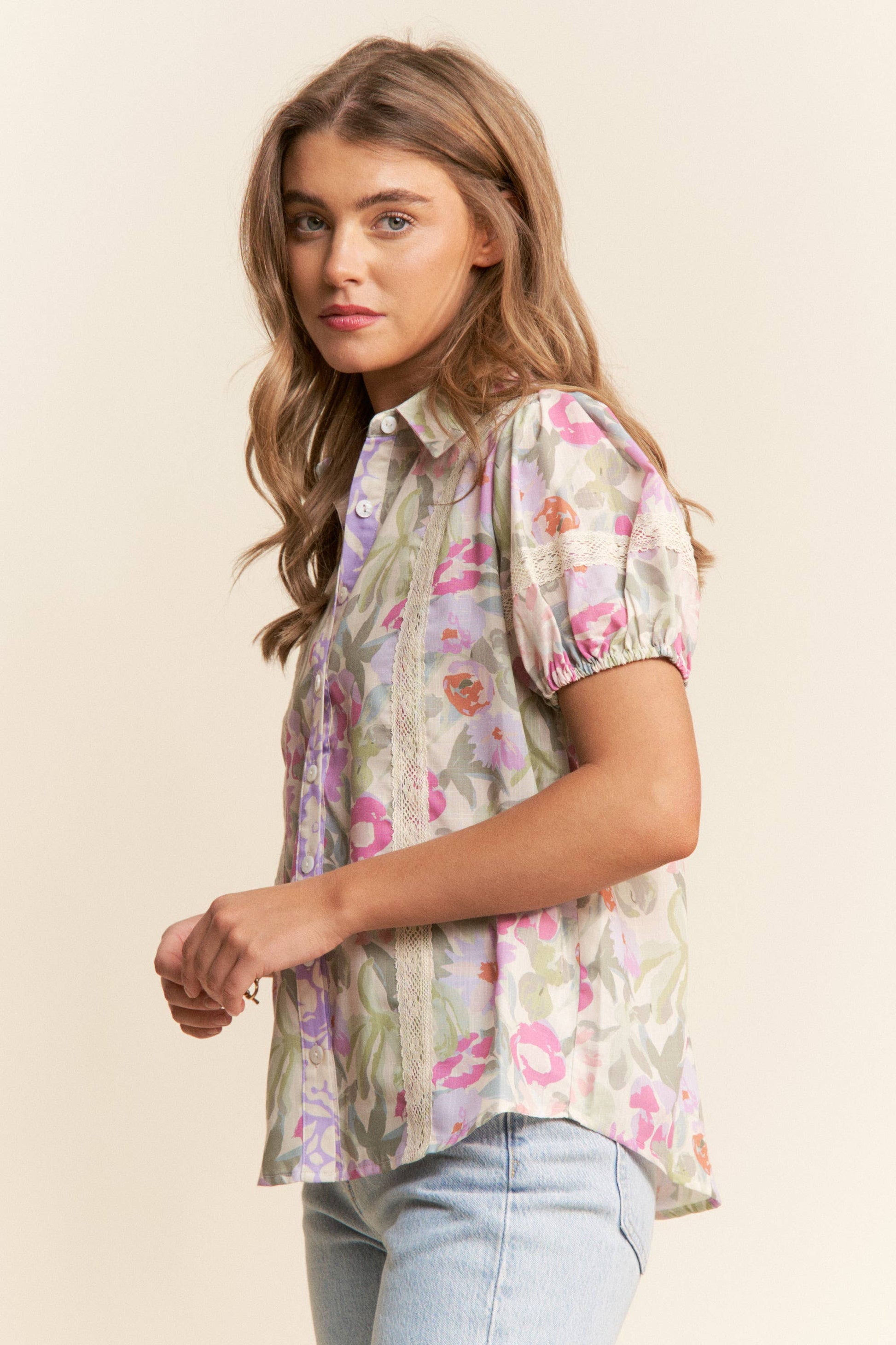 Floral Print Button Up Puff Short Sleeve Blouse, Feathered Farmhouse