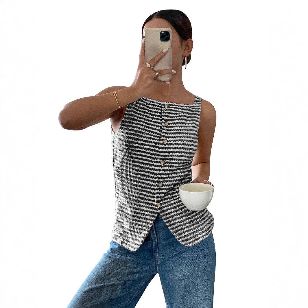 Striped Button Front Sleeveless Tank Top with Slit Hem, Feathered Farmhouse, Feathered Farmhouse