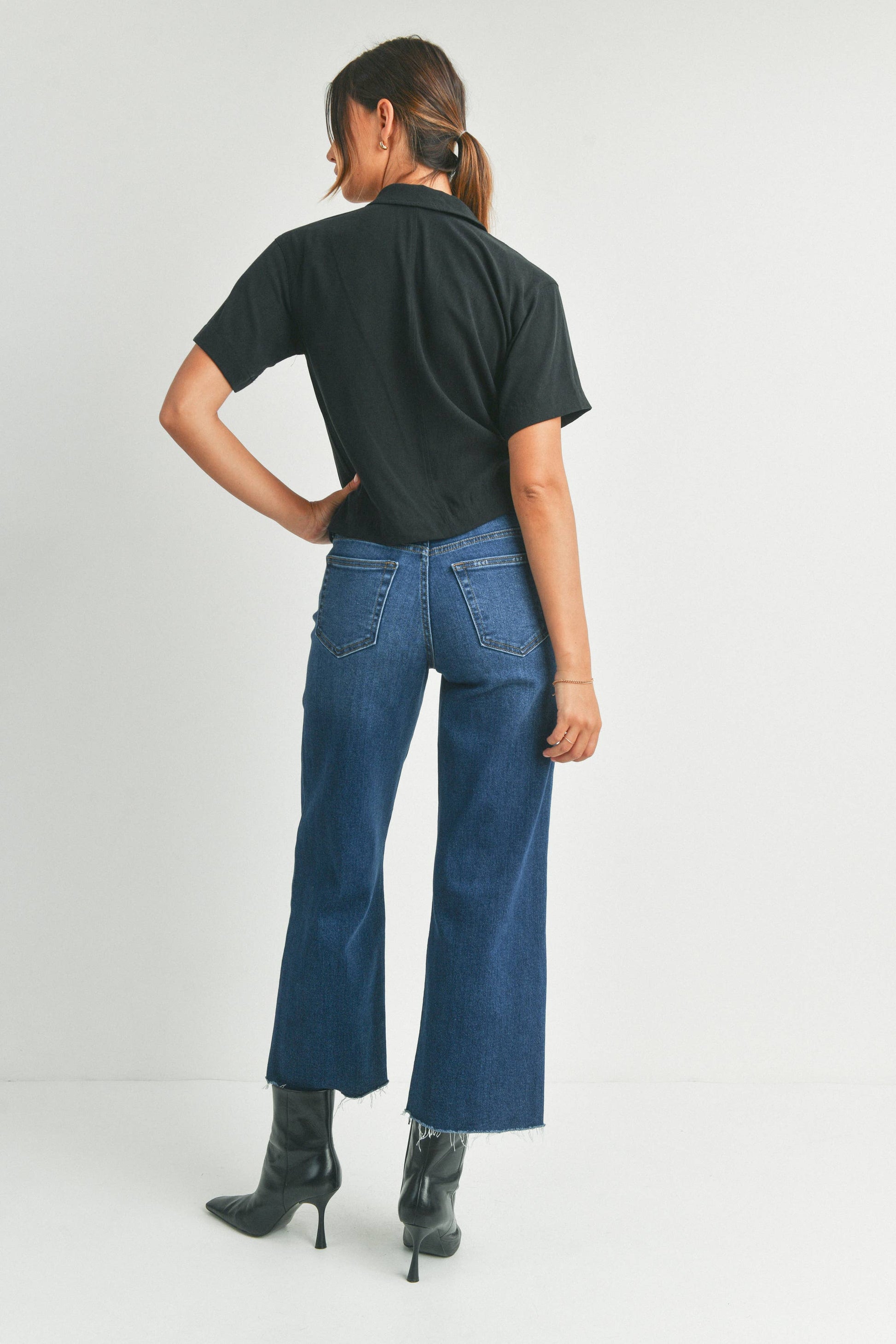 Dark Denim Slim Wide Leg Jeans, Feathered Farmhouse