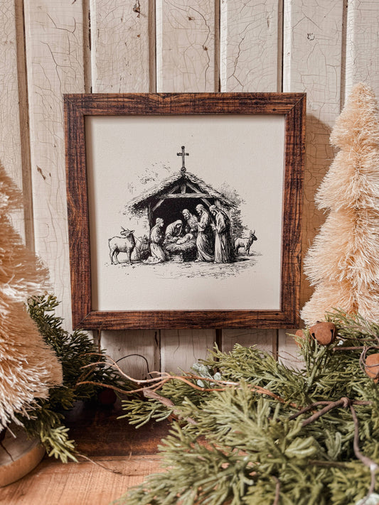 Black + White Vintage Nativity Scene Wood Sign
