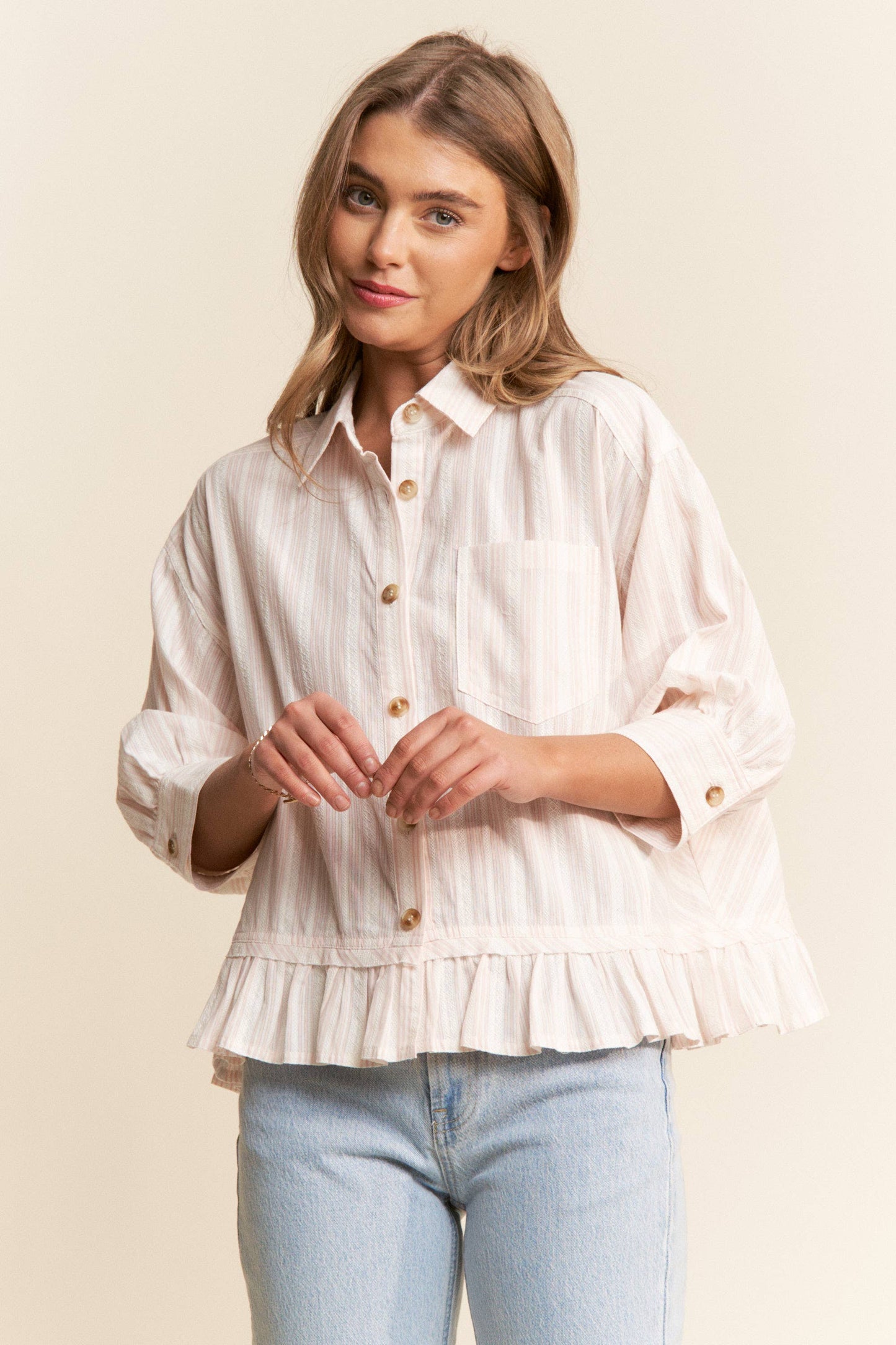 Stripe Jacquard Button Up Pleated Top, Feathered Farmhouse