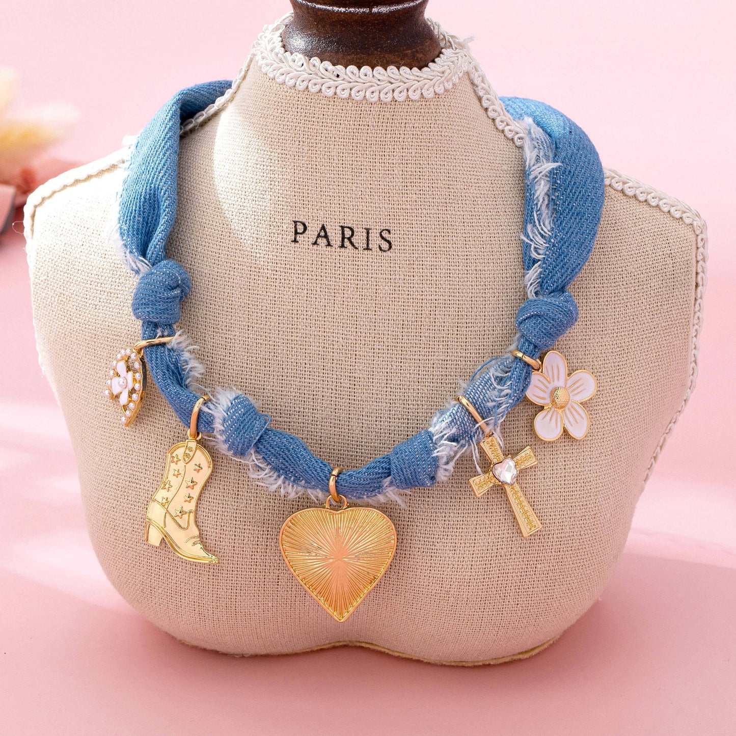 Western Denim Cowboy Boot & Cross Charm Necklace, Feathered Farmhouse