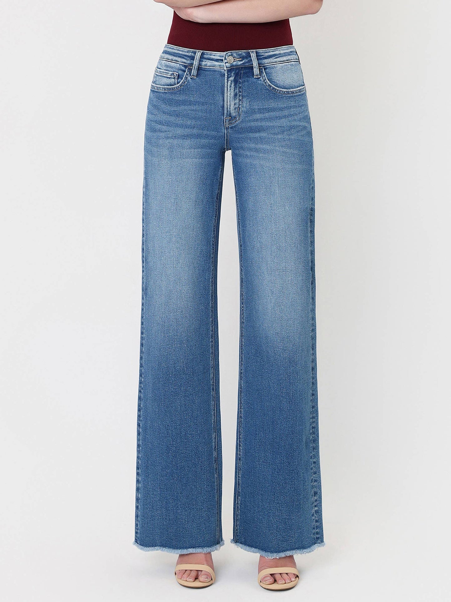Mid Rise Raw Hem Wide Leg Jeans, Feathered Farmhouse