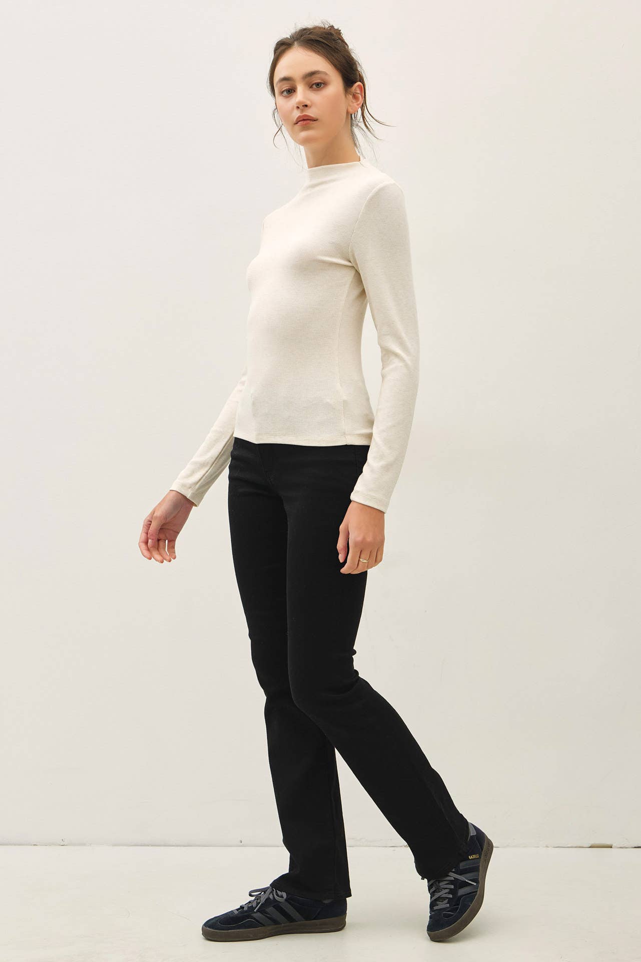 Off White Basic Ribbed Mockneck Knit Top, Feathered Farmhouse