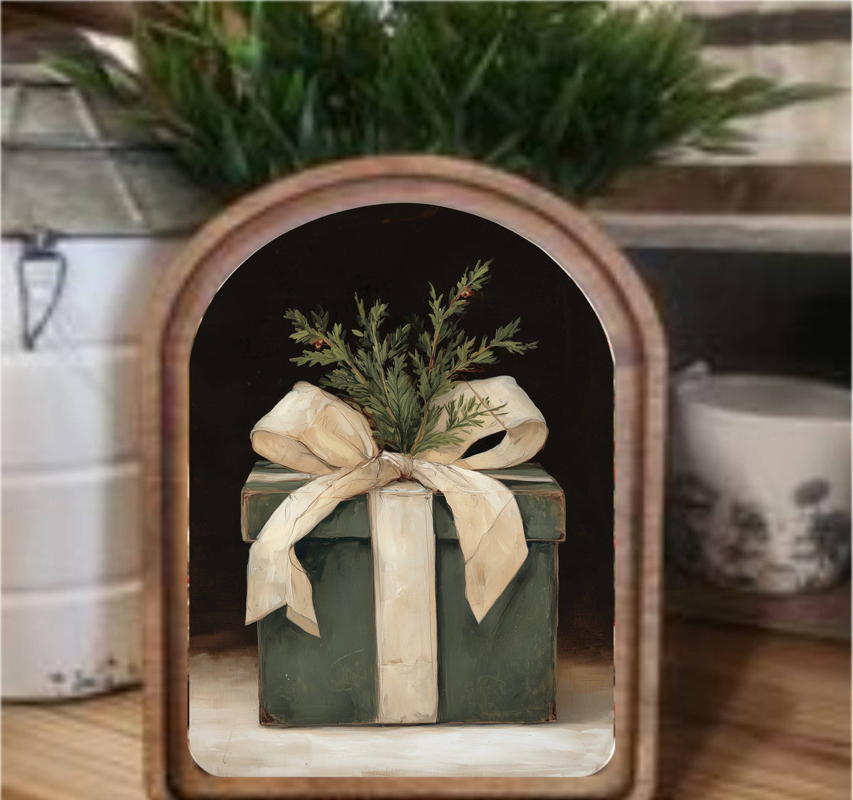 Christmas Gift Framed Arch Top, Feathered Farmhouse