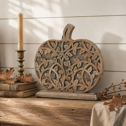 Harvest Vine Carved Wooden Pumpkin Tabletop Sign, Feathered Farmhouse