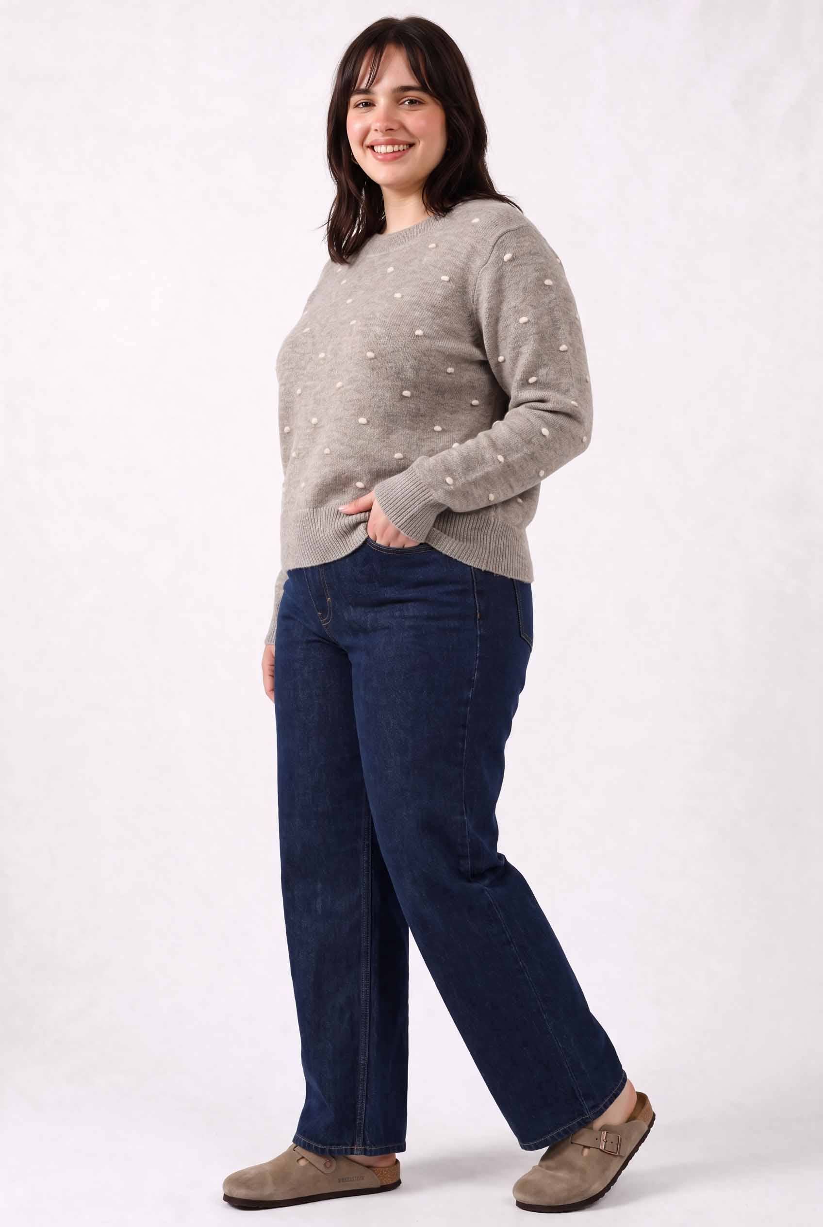 Cozy Dotted Knit Crewneck Sweater, Feathered Farmhouse