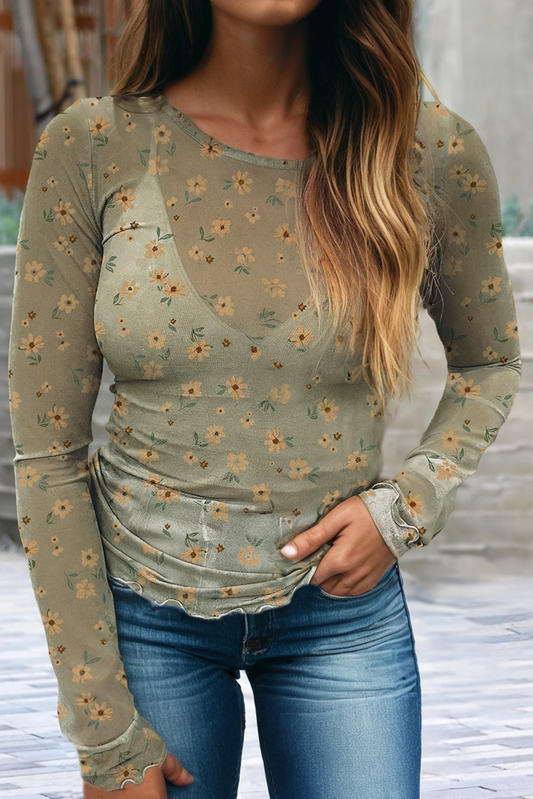 Vintage Floral Print Southern Style Mesh Long Sleeve Top, Feathered Farmhouse
