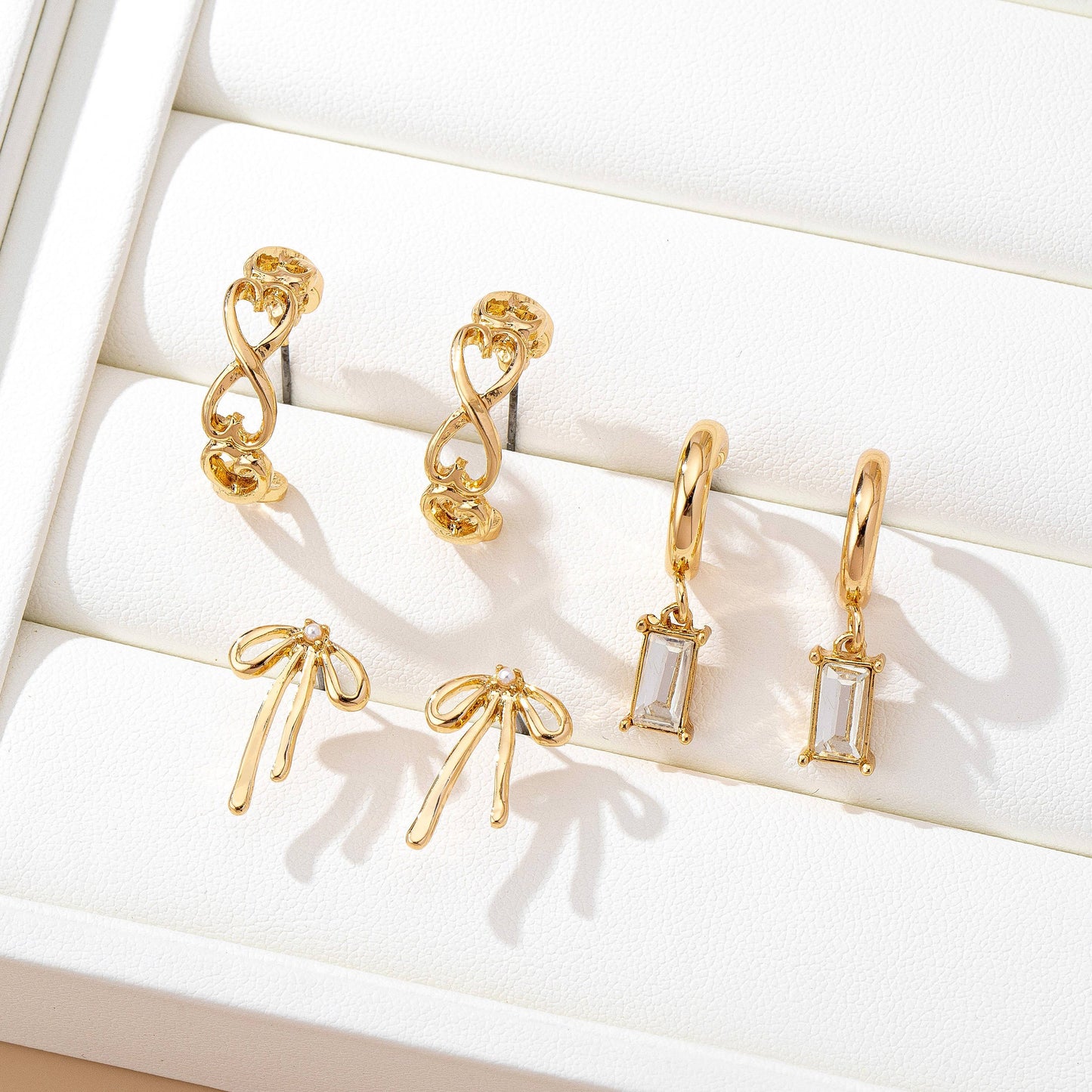 Baguette Stone Hoop Bow Trio Earring Set, Feathered Farmhouse