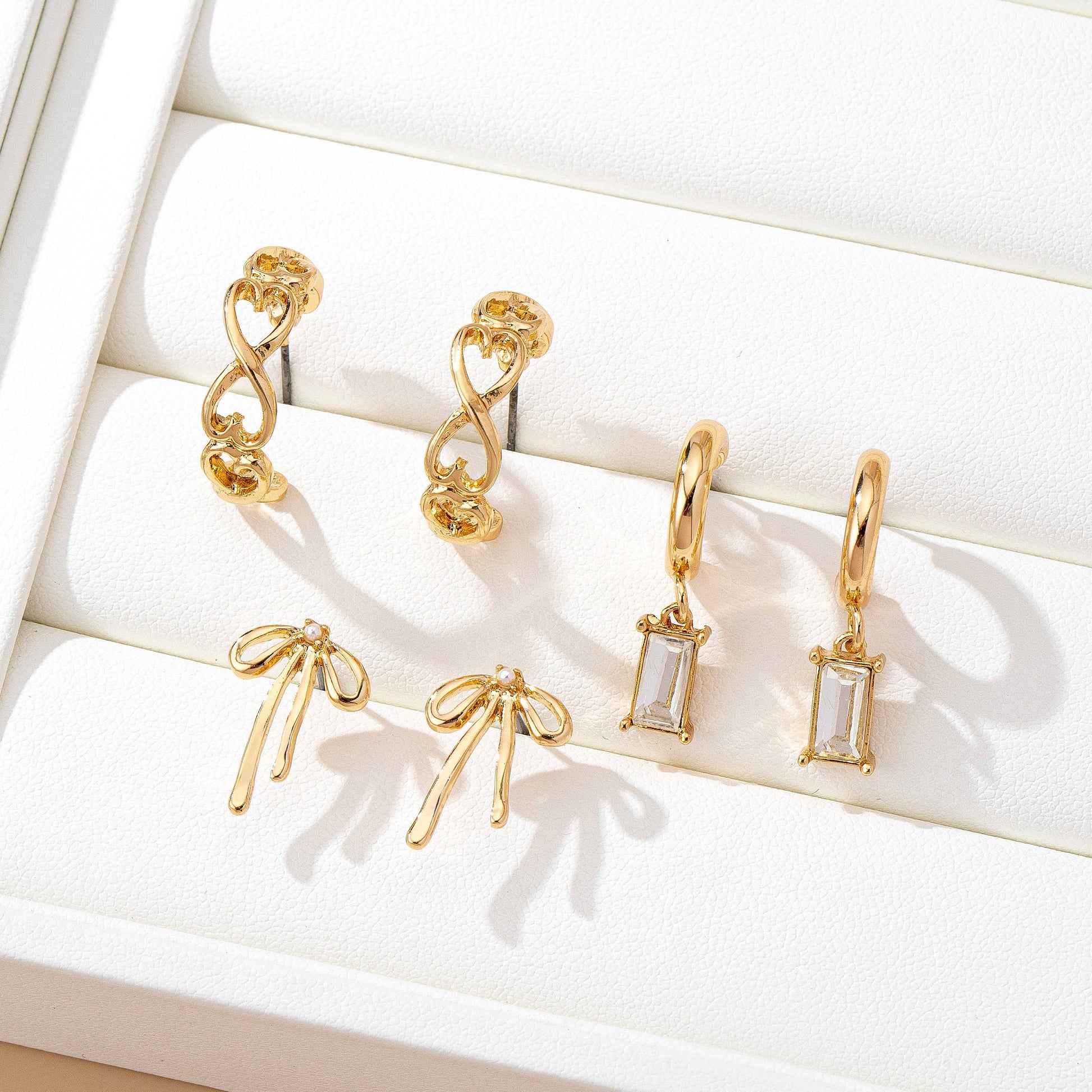 Baguette Stone Hoop Bow Trio Earring Set, Feathered Farmhouse