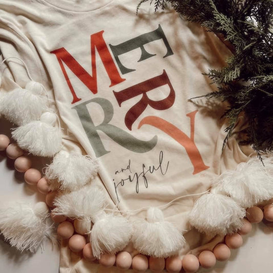 Merry + Joyful Christmas Graphic Tee, Feathered Farmhouse