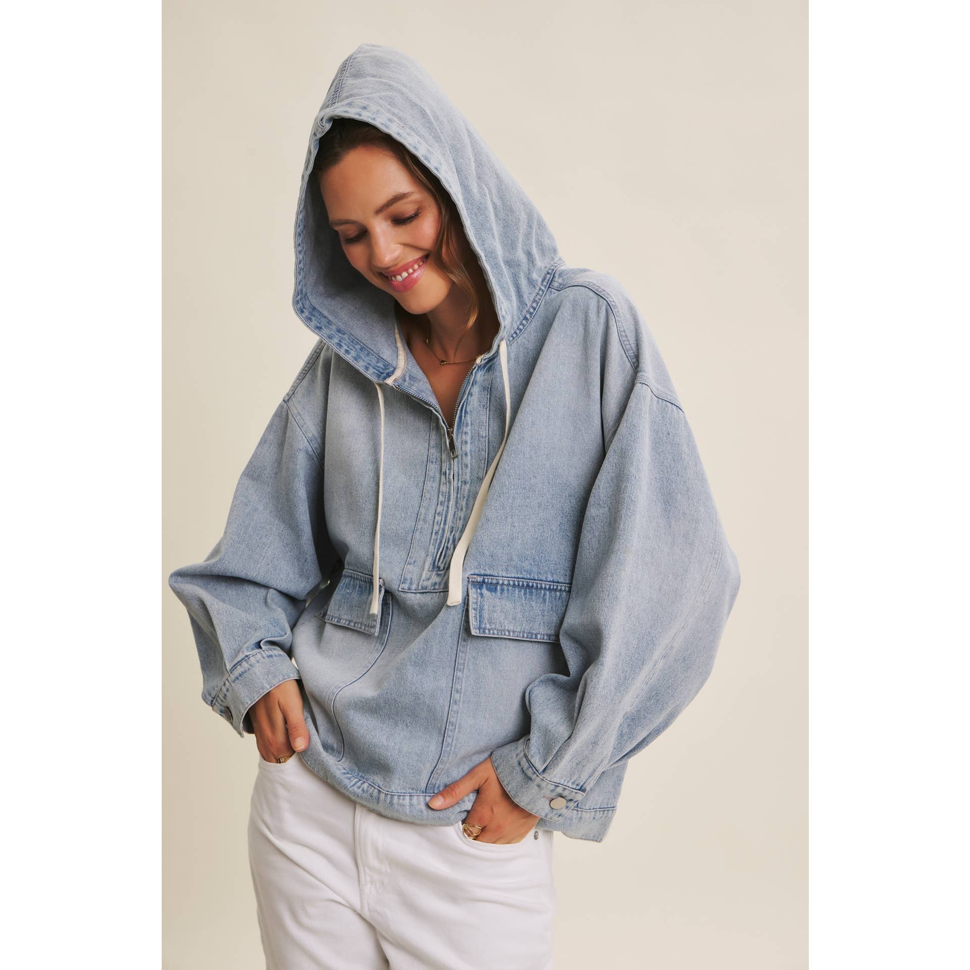 Mineral-Washed Denim Hooded Pullover, Feathered Farmhouse