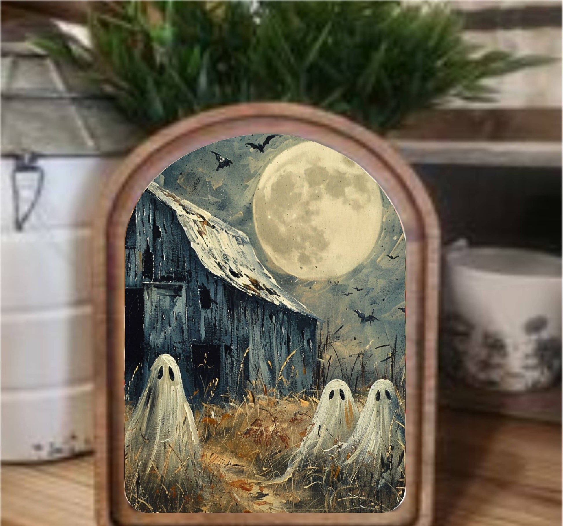 Barn Ghosts Framed Arch Top, Feathered Farmhouse