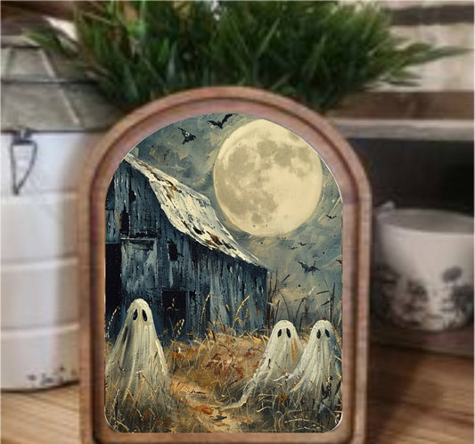 Barn Ghosts Framed Arch Top, Feathered Farmhouse