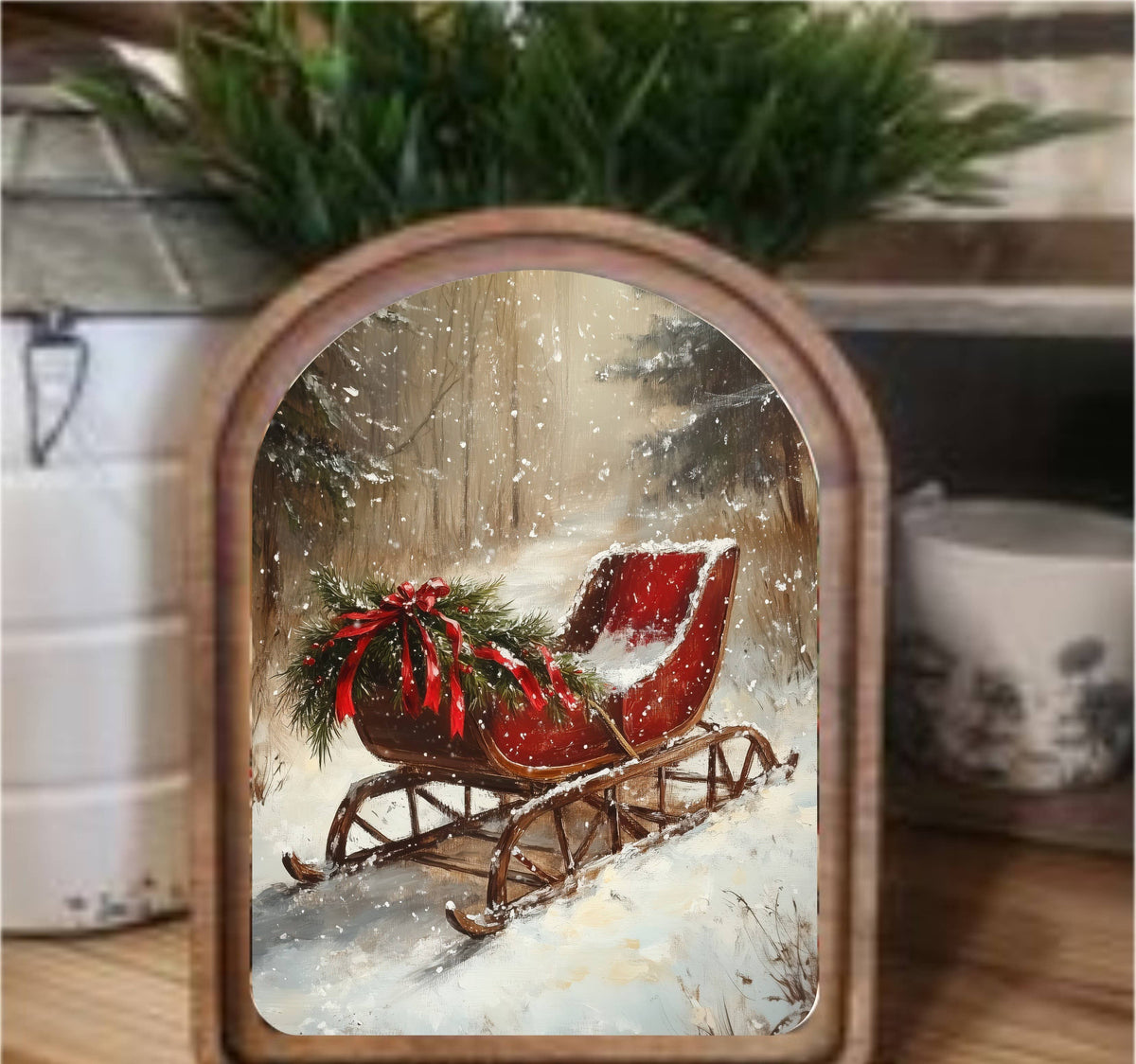 Vintage Sleigh Framed Arch Top, Feathered Farmhouse