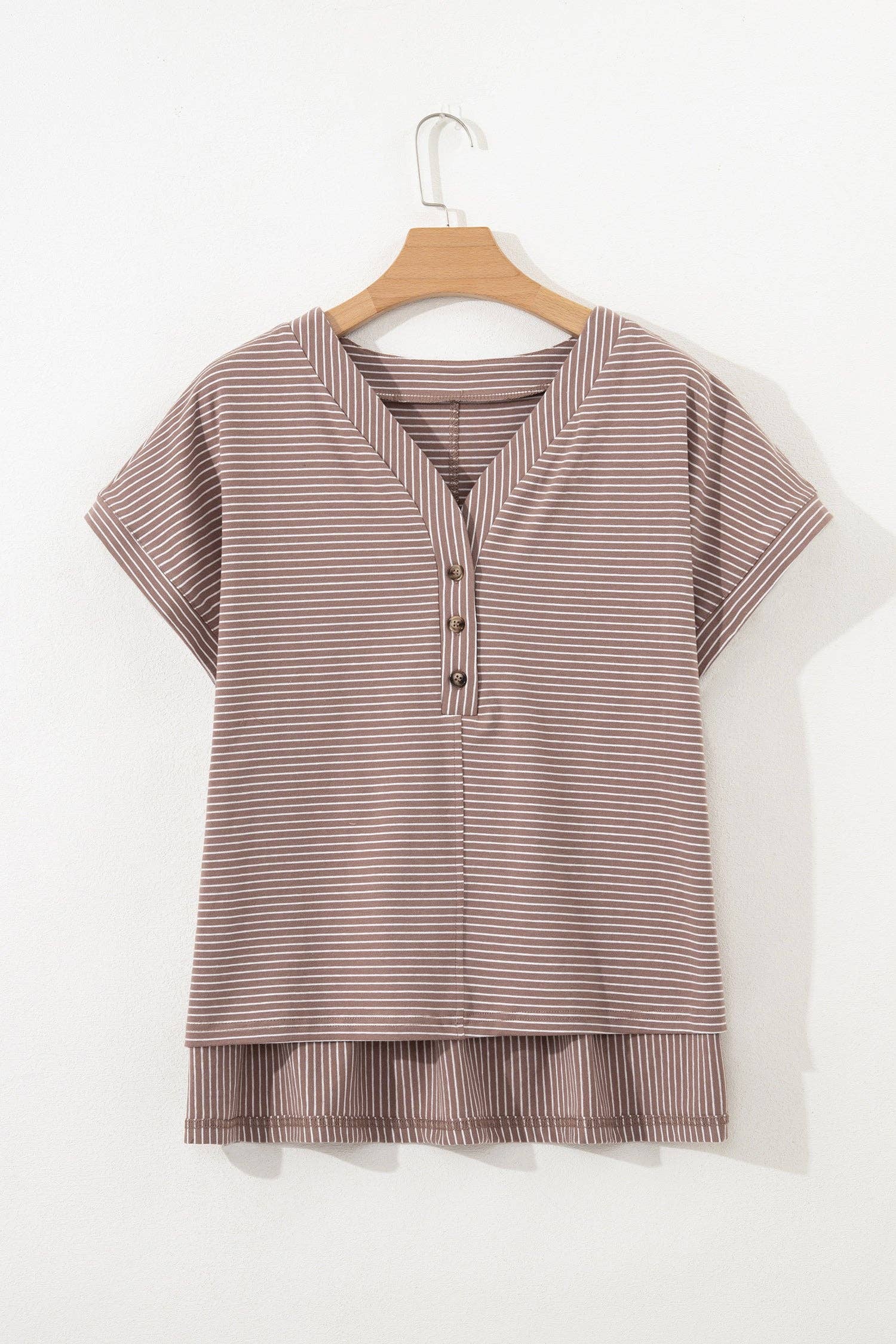 Stripe Buttoned V-Neck Short Sleeve T-Shirt, Feathered Farmhouse