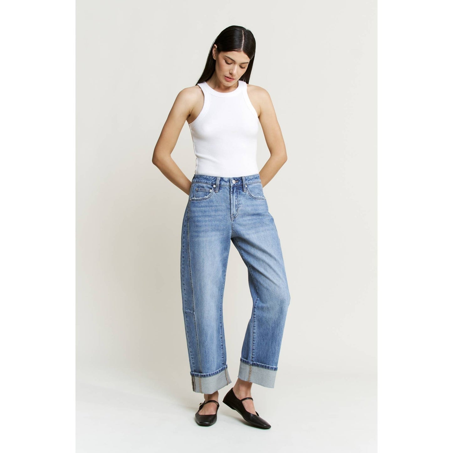 High Rise Barrel-Leg Cuffed Jeans, Feathered Farmhouse