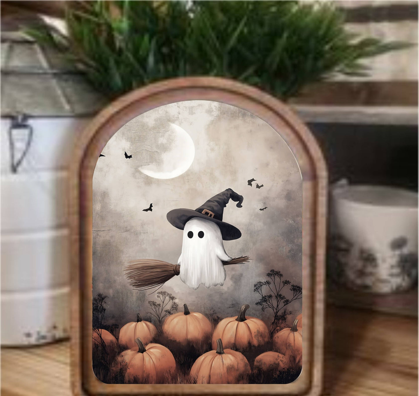 Ghostie Witch Framed Art Arch Top, Feathered Farmhouse