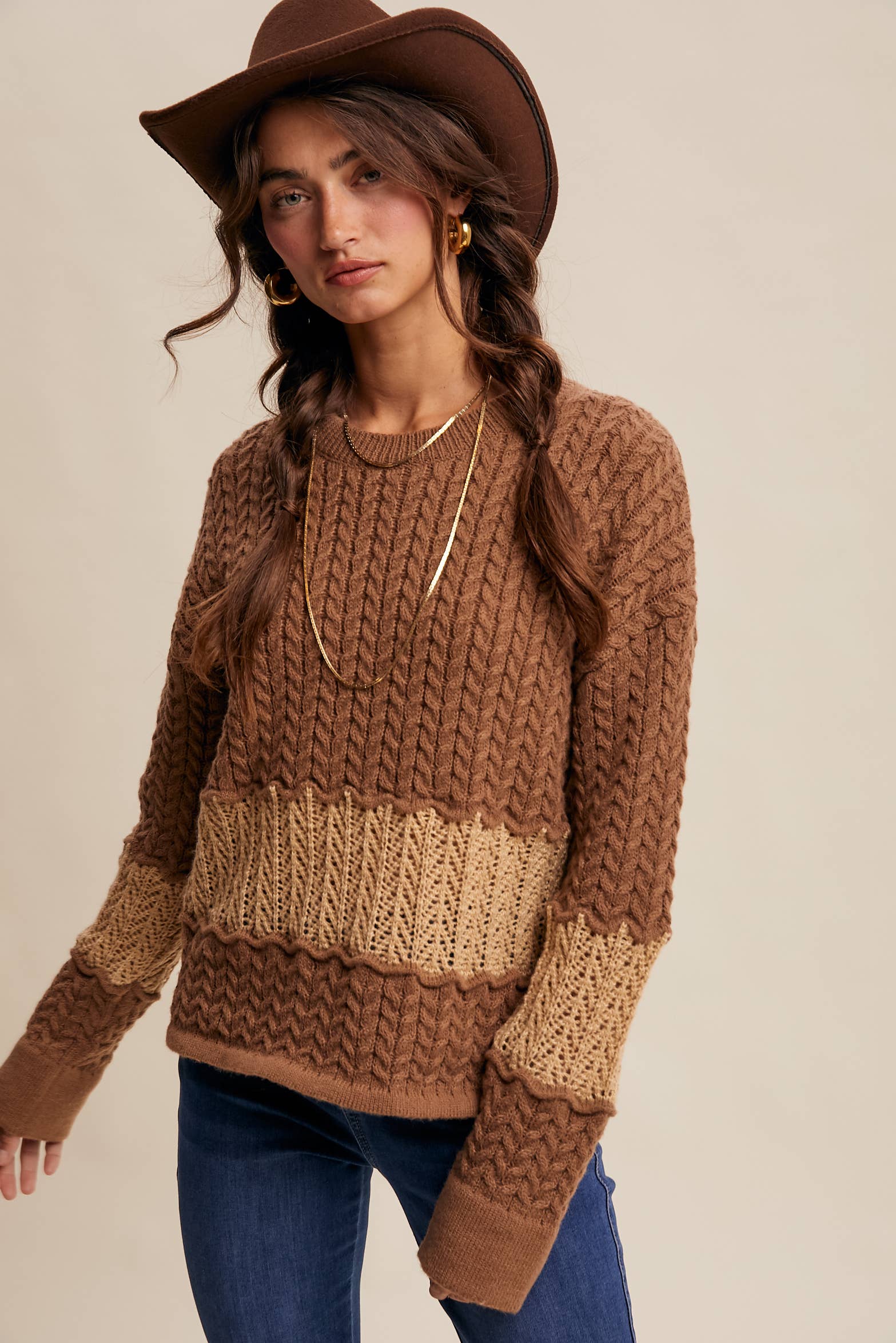 Colorblock Cable Knit Sweater, Feathered Farmhouse