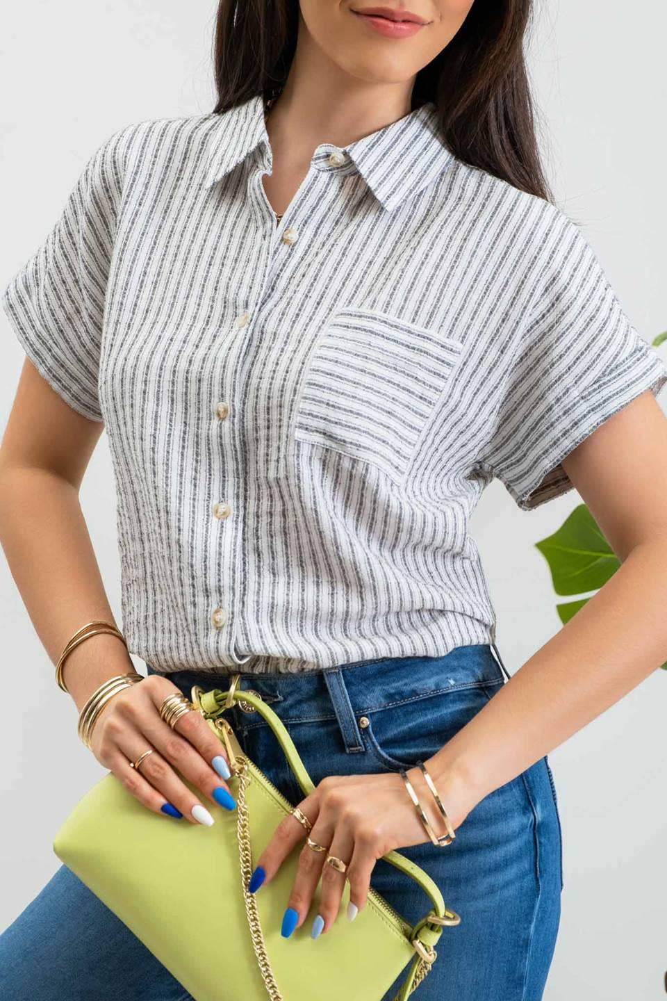 Black Stripe Collared Shirt, Feathered Farmhouse