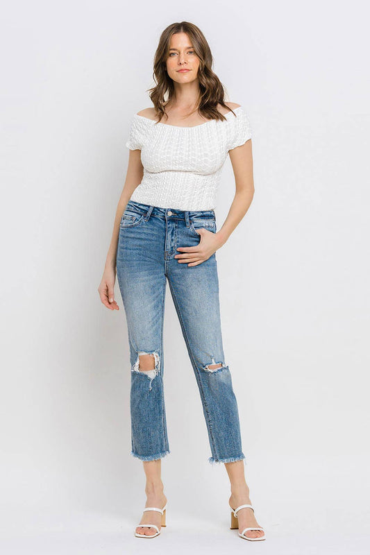 Jeanne High Rise Distressed Crop Slim Straight Jean