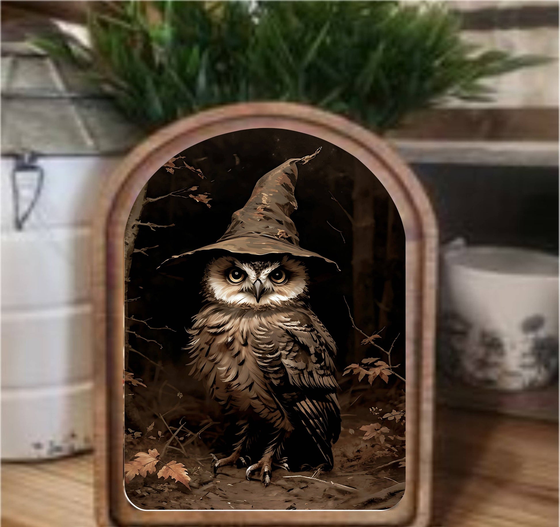 Halloween Owl Framed Art Arch Top, Feathered Farmhouse