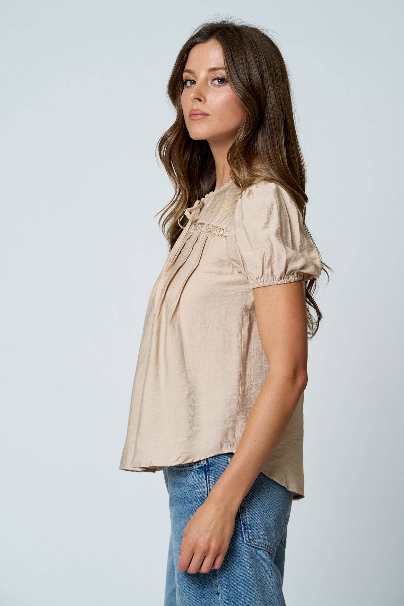 Embroidered Yoke Lace Trim Pintuck Detail Top, Feathered Farmhouse