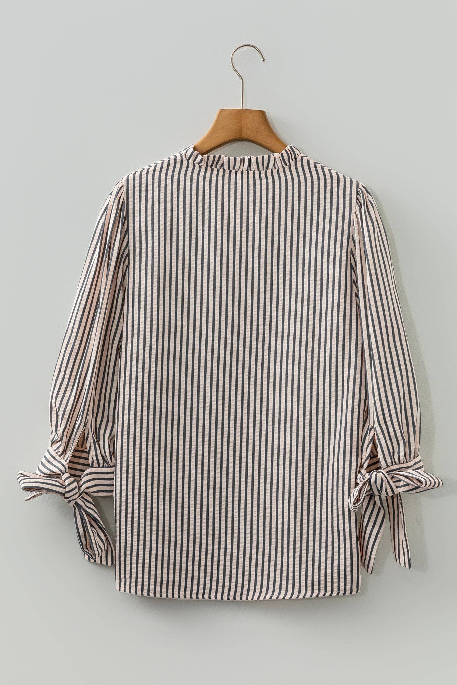 Stripe Tied Cuff 3/4 Sleeve V-Neck Blouse, Feathered Farmhouse