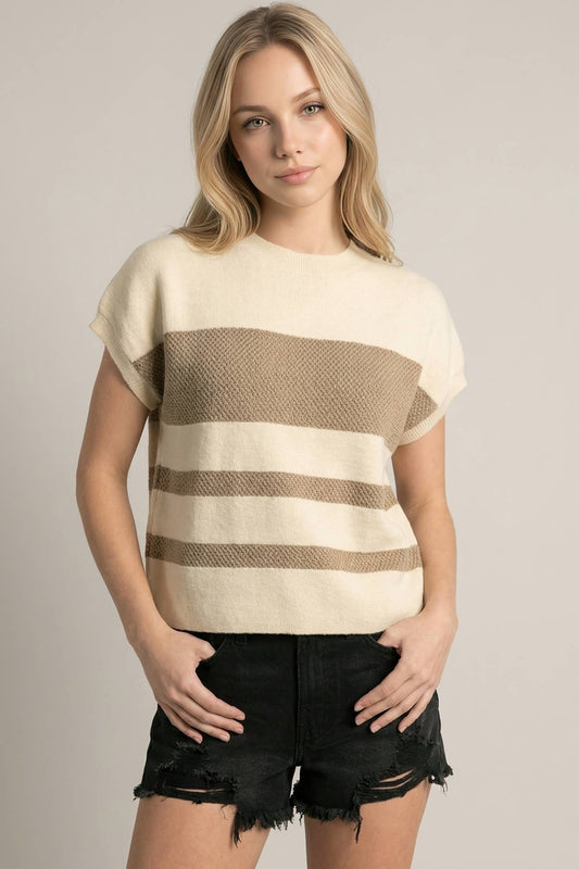 Crew Neck Striped Sweater Top, Feathered Farmhouse