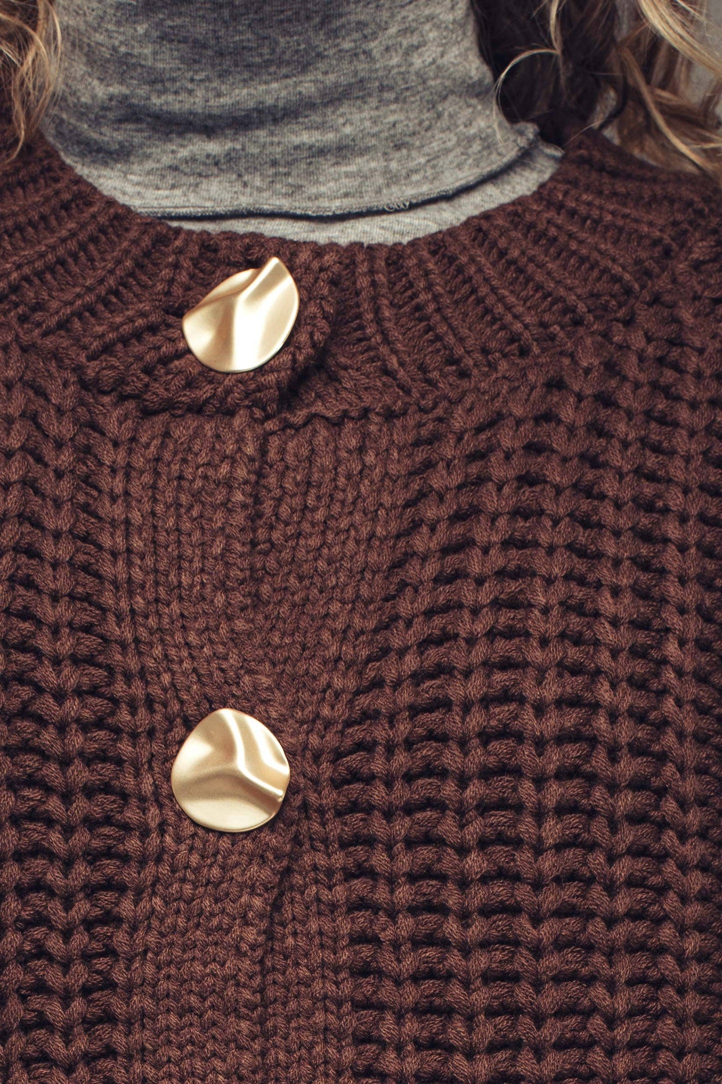 Brown Chunky Gold Button Ribbed Knit Cardigan, Feathered Farmhouse