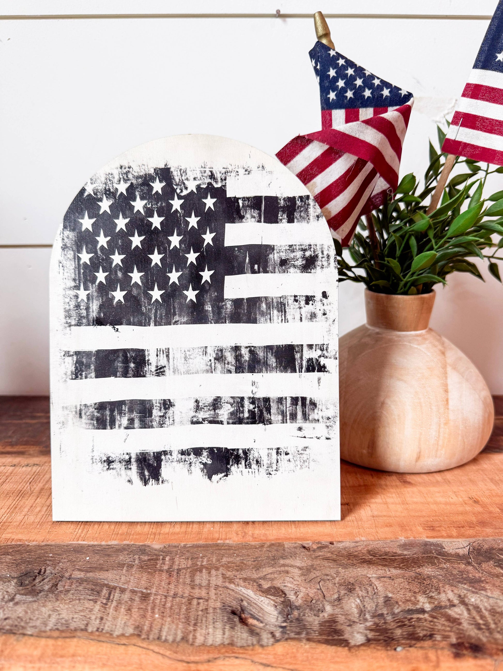 American Flag Arched Sign Shelf Sitter, Feathered Farmhouse