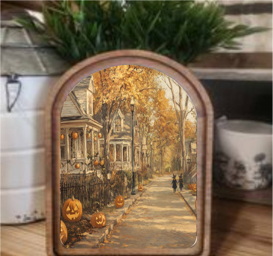 Halloween Street Framed Arch Top, Feathered Farmhouse