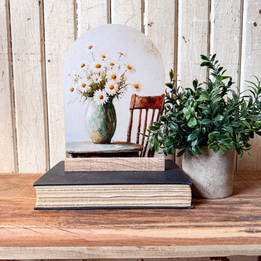 White Daisies in Vase Arched Wood Sign Shelf Sitter, Feathered Farmhouse