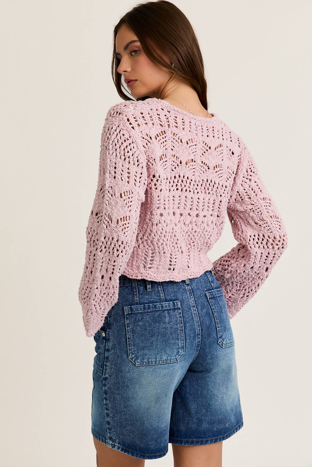 Front Tie Crochet Effect Sweater Top, Feathered Farmhouse