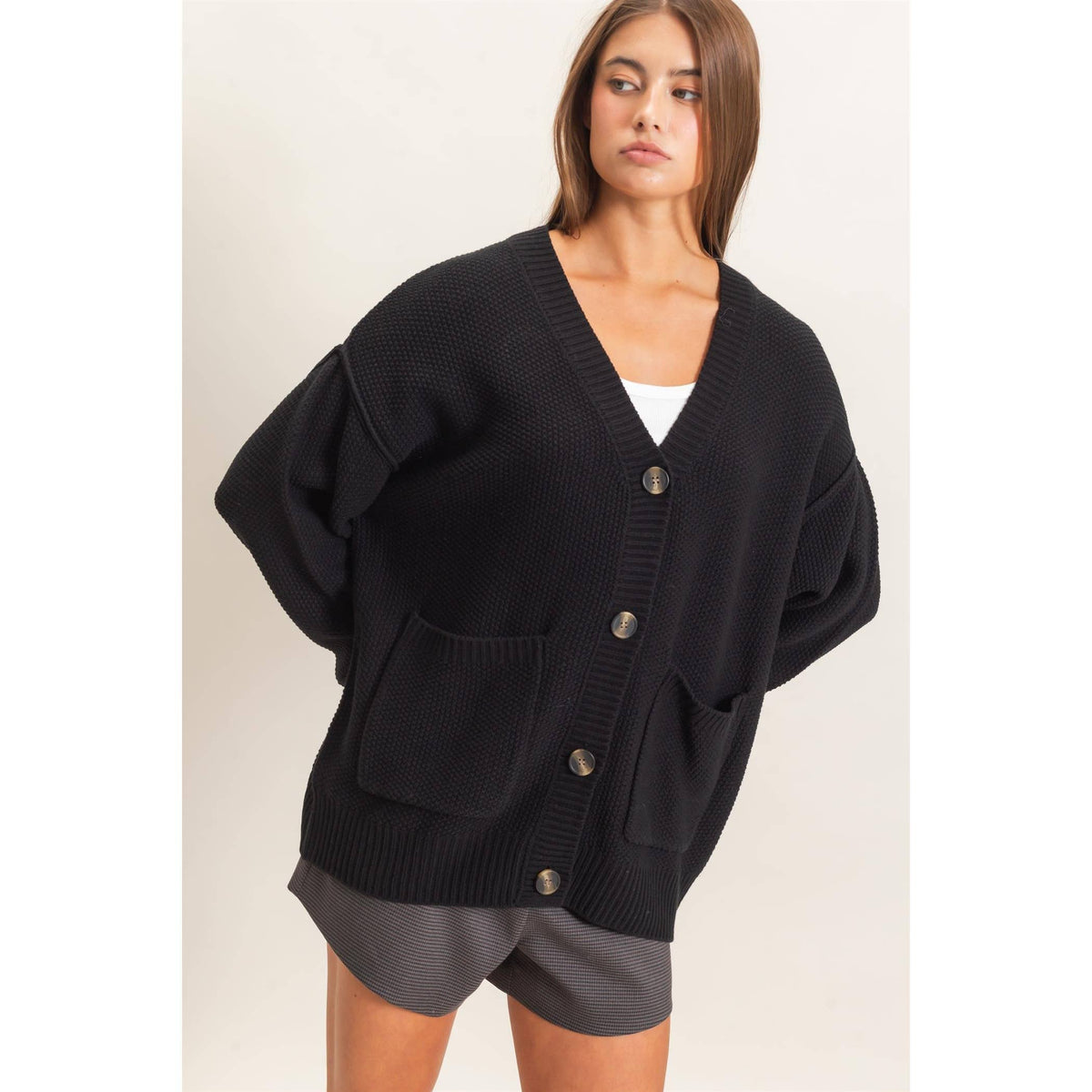 Black Textured Oversized Knit Buttoned Cardigan, Feathered Farmhouse