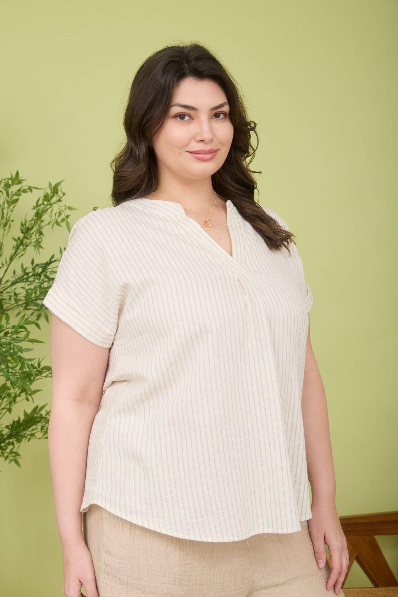 Split Neck Strip Top, Feathered Farmhouse