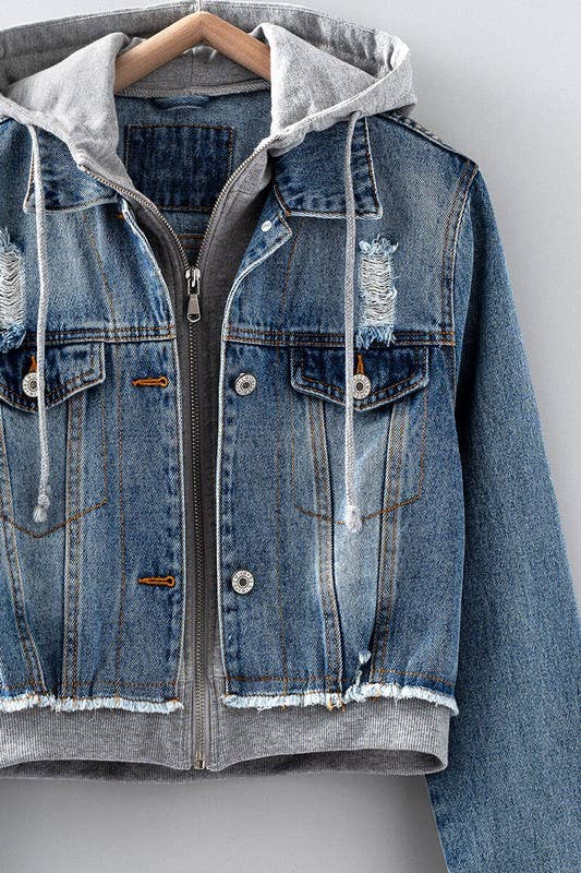 Hooded Denim Zip Up Jacket, Feathered Farmhouse