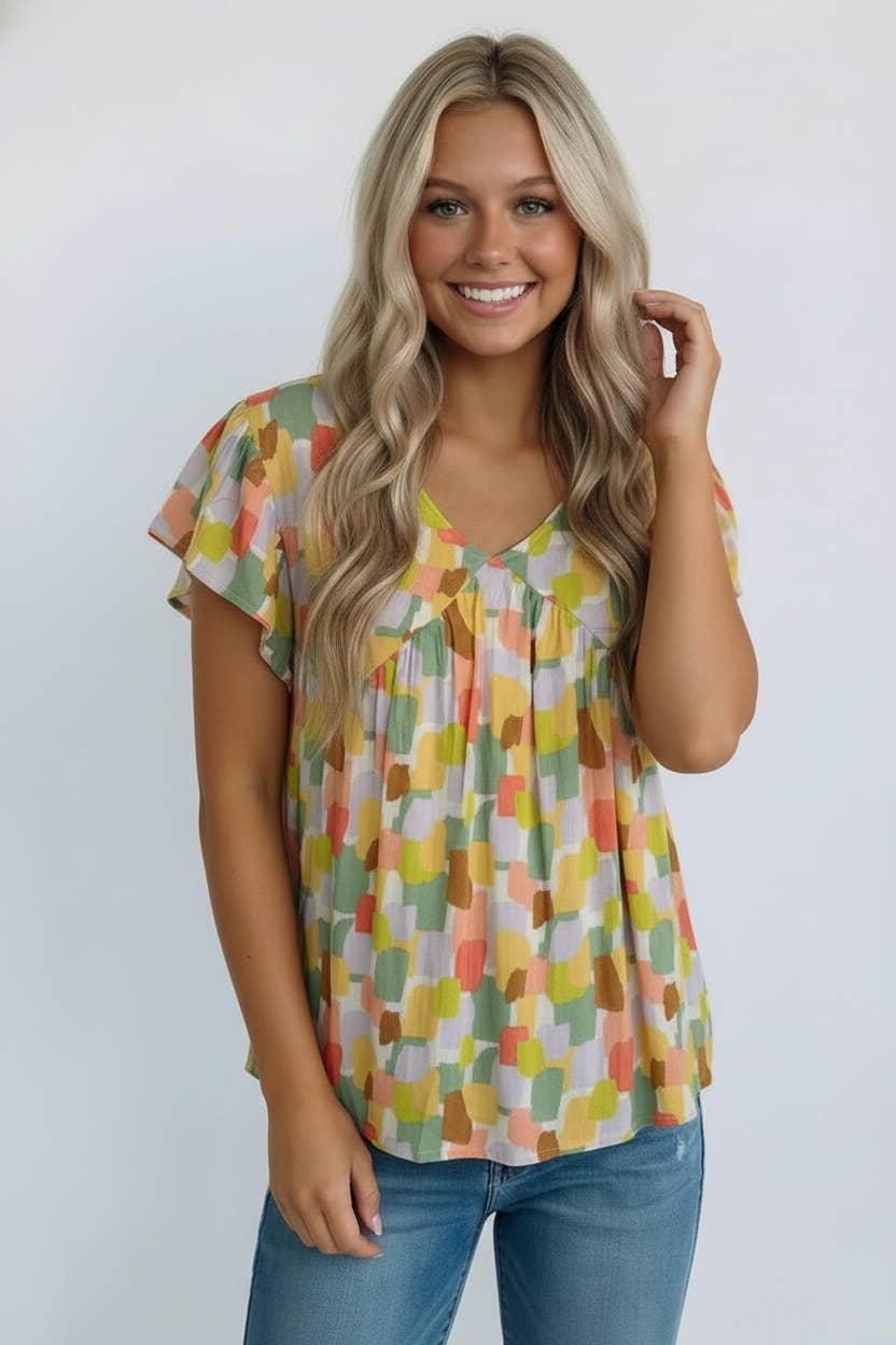 Abstract Print Top, Feathered Farmhouse