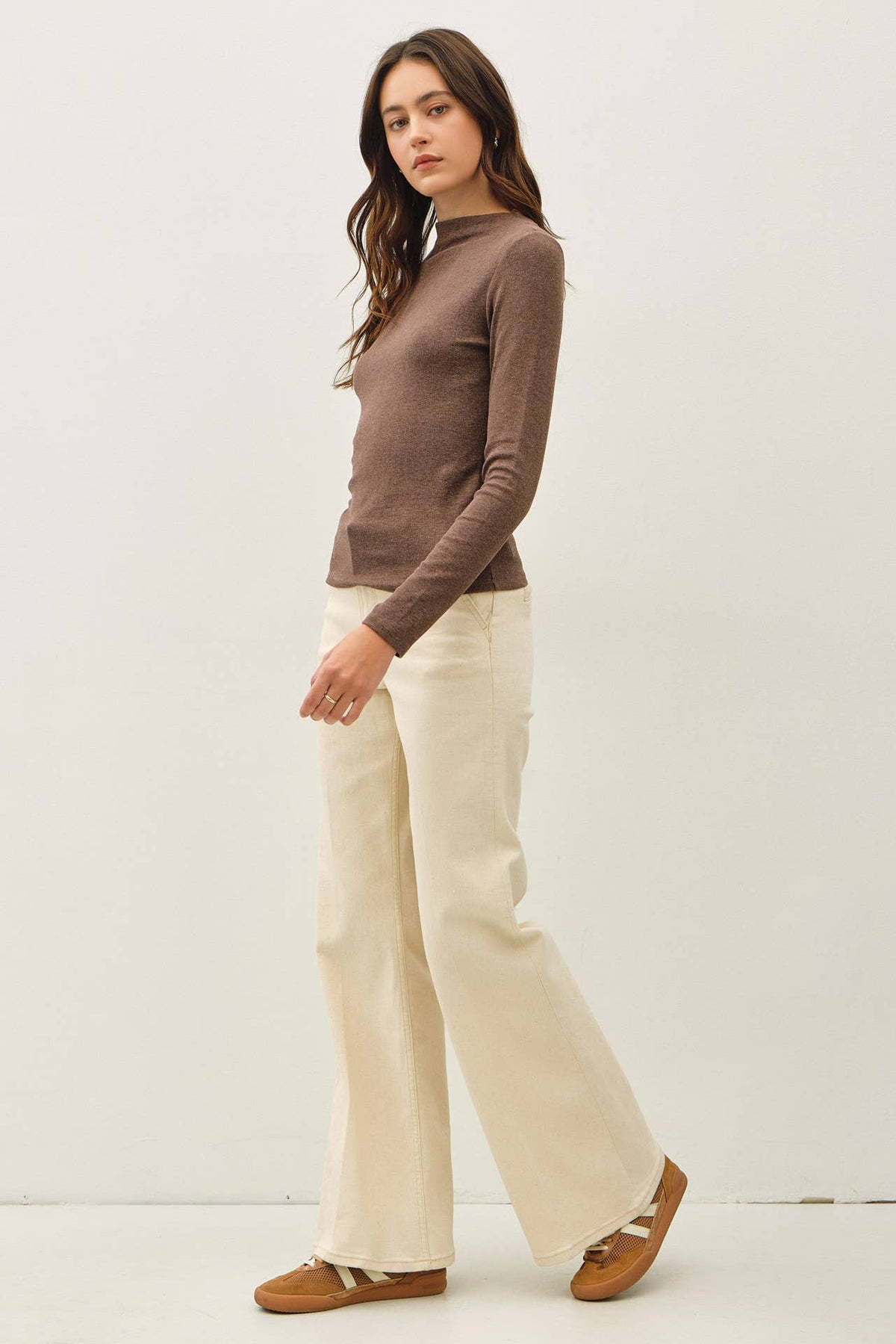 Brown Basic Ribbed Mockneck Knit Top, Feathered Farmhouse