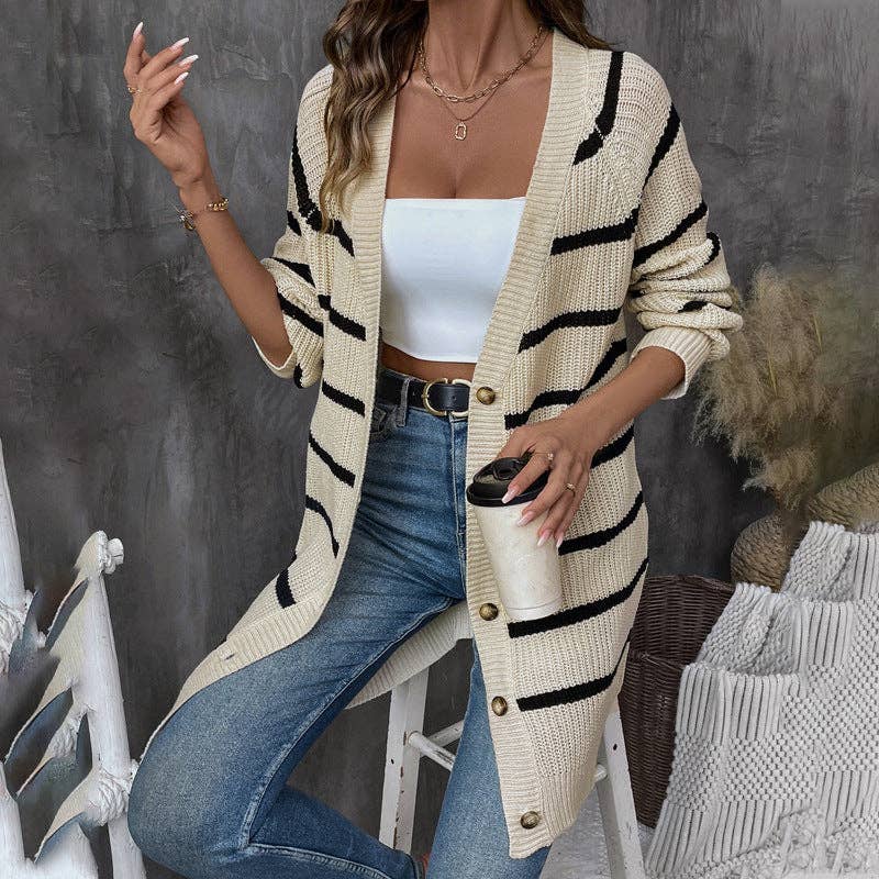 Striped Loose Cardigan Versatile Sweater Top, Feathered Farmhouse