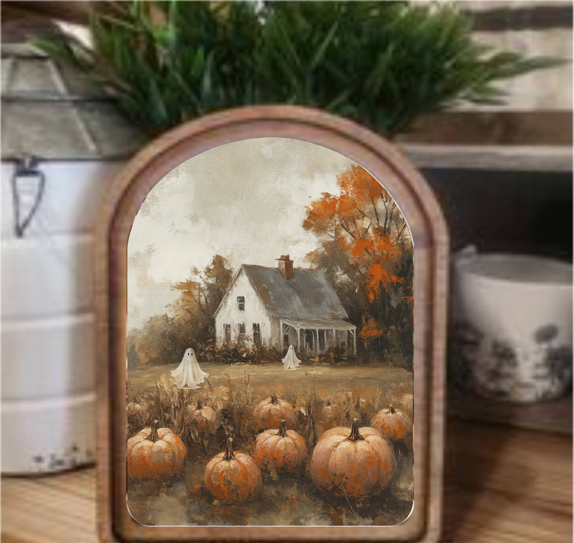 Halloween Pumpkin Farmhouse Framed Art Arch Top, Feathered Farmhouse