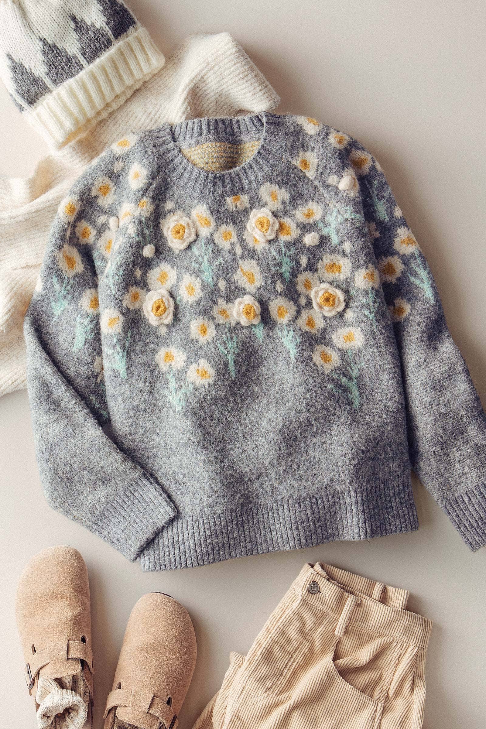 Daisy Embossed 3D Floral Knit Sweater, Feathered Farmhouse
